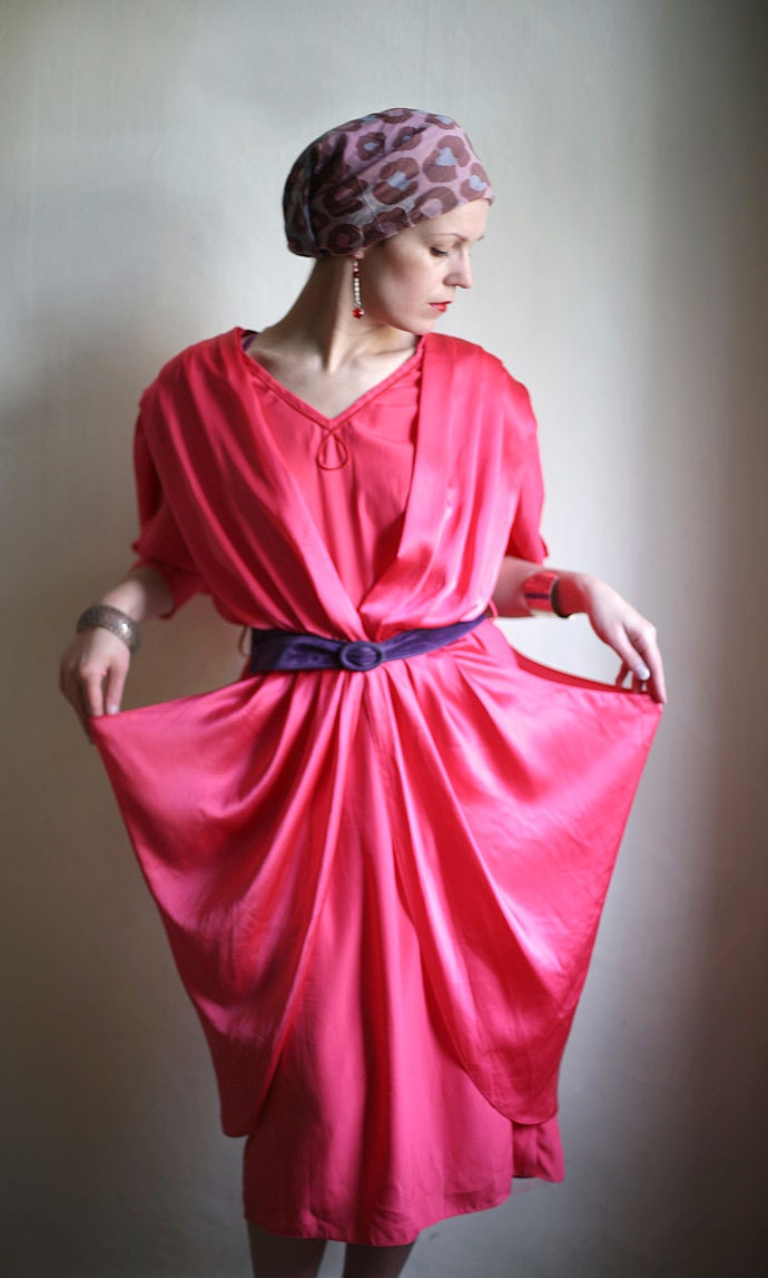 Pink 80ies Draped Cocktail Dress - futuristic Ultimate Magenta Cocoon batwing dress