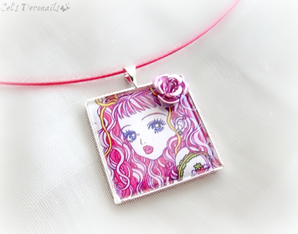Pink hair anime girl square pendant, teen girl jewelry, kawaii jewelry