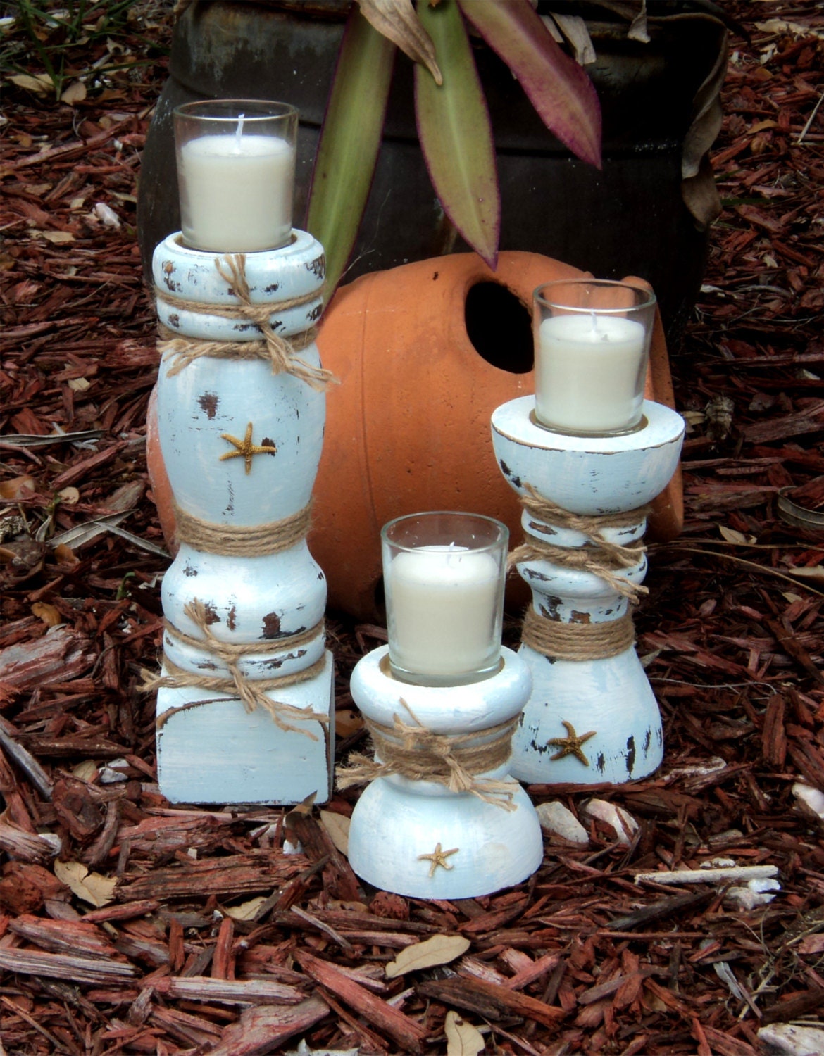 Beach-y Candle Holders, Casual Cottage Home Decor, Pale Blue And White