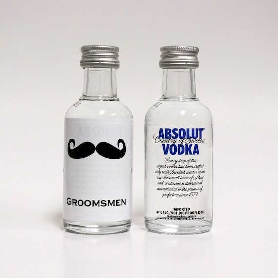 25 Custom Absolut Vodka Mini Bottle Labels Wedding Favors Thank You Mustache Bachelor Party Best Man Usher Groom Groomsmen Gifts
