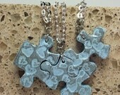 Puzzle Necklace Bridesmaid Best Friend Jewelry Set of 3 Necklaces Hearts Light blue Polymer Clay Set 105