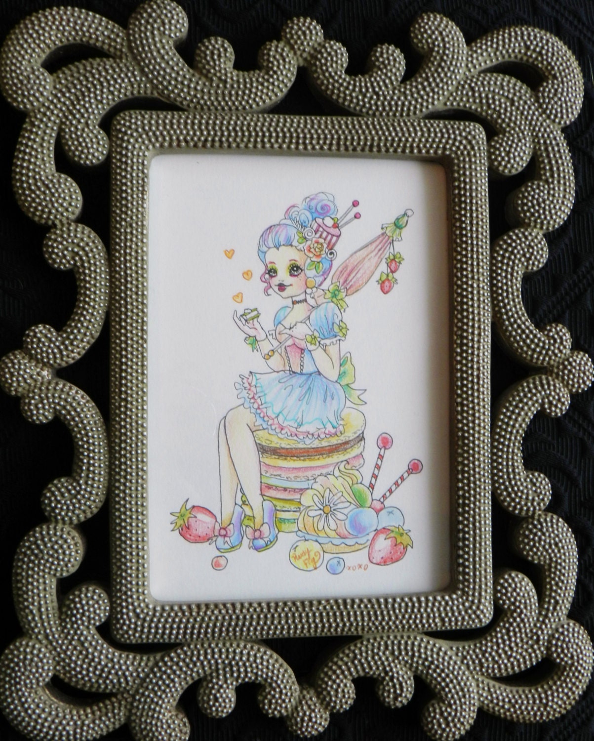 Berry Sitter,  original sketch from Rudy Fig, vintage ornate frame, wall art, drawing colored illustration, rococo girl