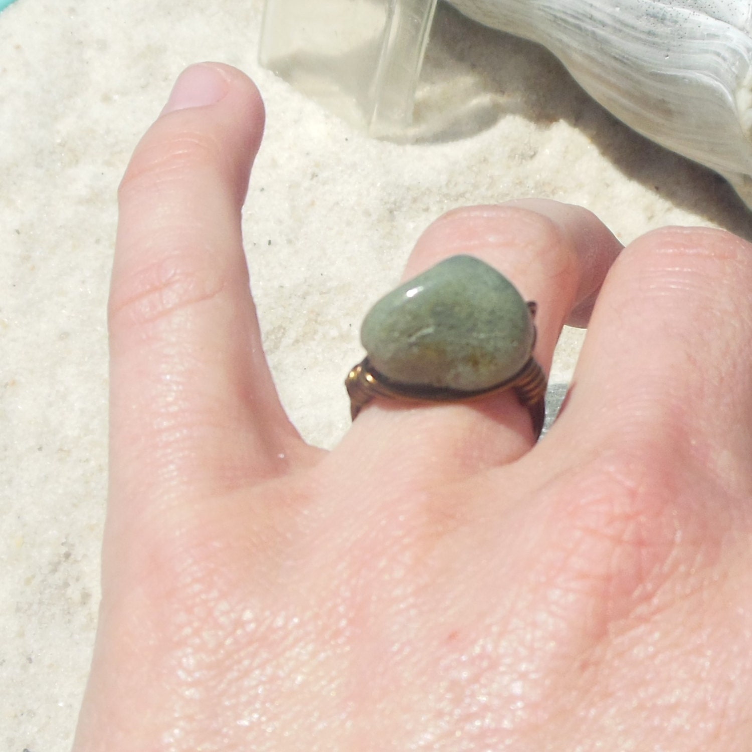 green fancy jasper stone wire wrapped ring - size 6 1/2