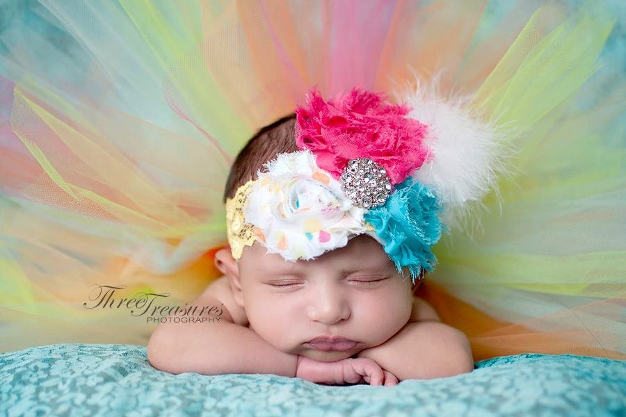 Pink white turquoise flower headband, yellow lace, birthday headband, shabby headband, polkadot headband, feathers, any size, photo prop