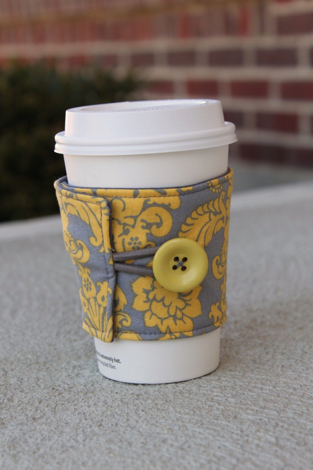 Fabric Coffee Cup Cozy / Drink Sleeve - Reusable - Mustard Yellow and Grey Damask