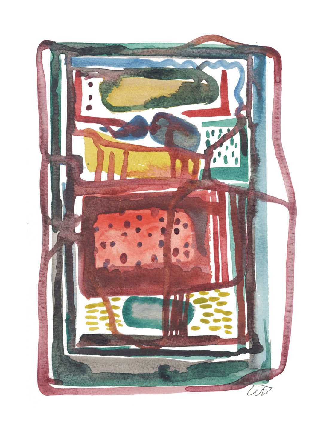 Abstract painting Little painting red green black lines  Home decor original art watercolor  painting garden plan