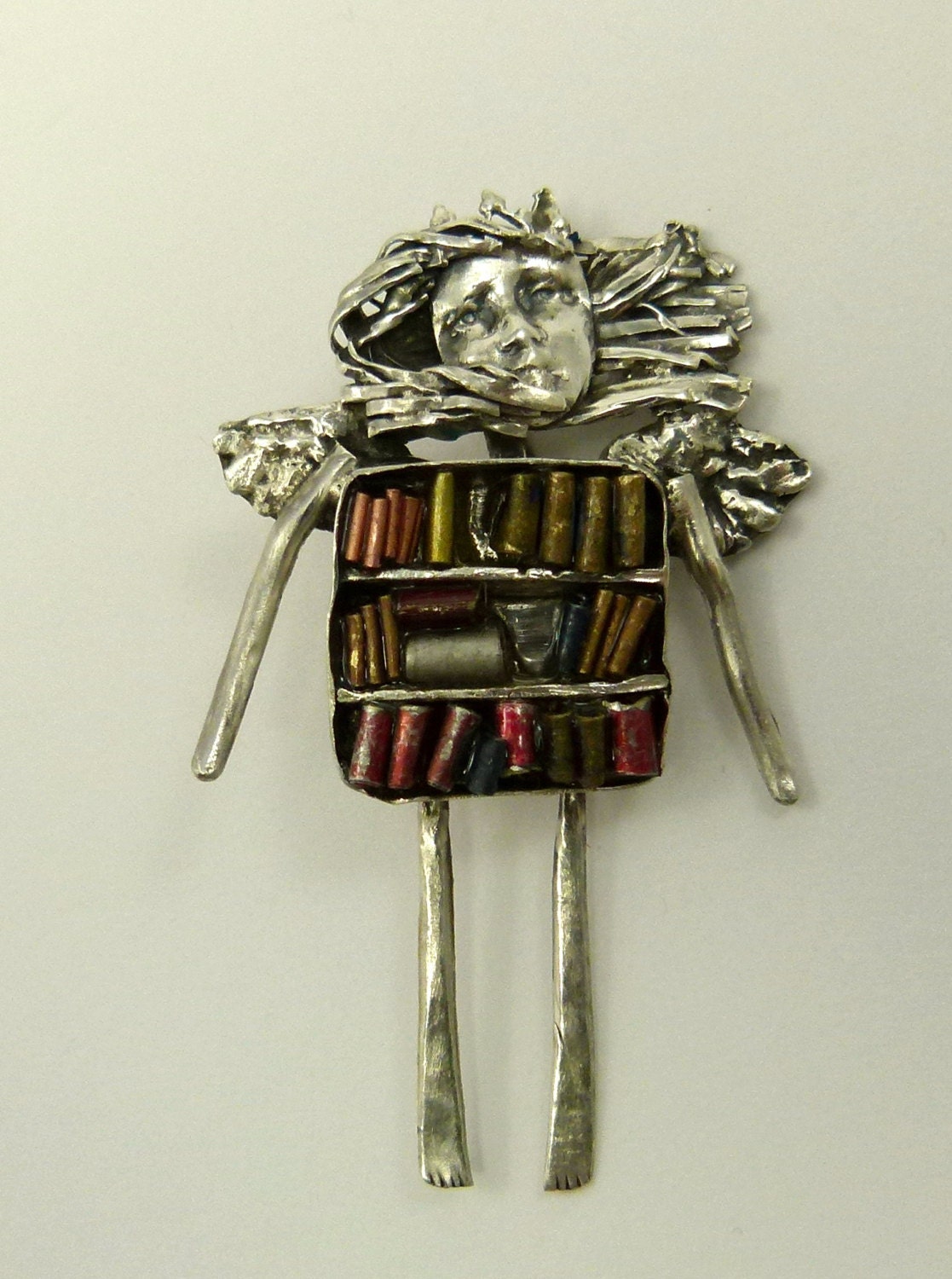 Angel Bailyn Loves Books - Up Cycled Sterling, Colored Metals, And PMC - Art Jewelry Pendant - 1032