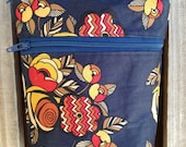 Cross Body Zipper Purse Travel Bag Hip Bag Small - Blue with Red, Orange, Yellow and Brown Flowers