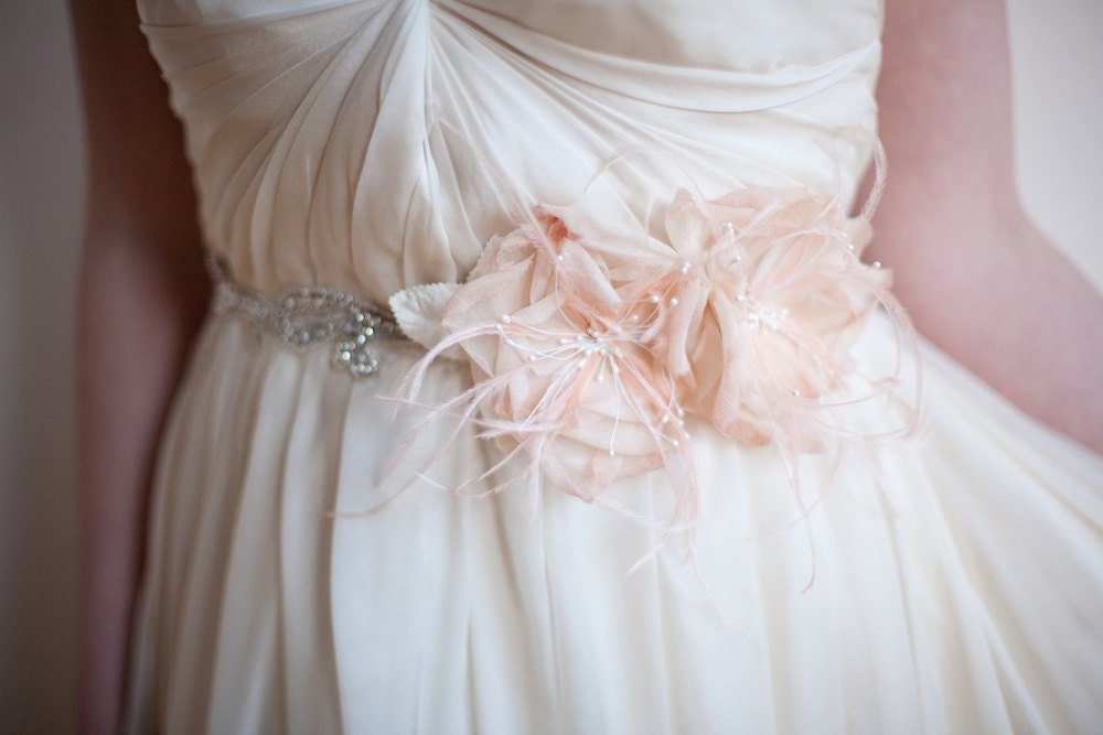 Bridal Silk Flower Sash, Bridal Belt, Rhinestone Sash, Rosalie