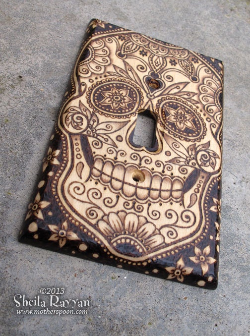 Wood Switch Plate Cover - Sugar Skull Pyrography