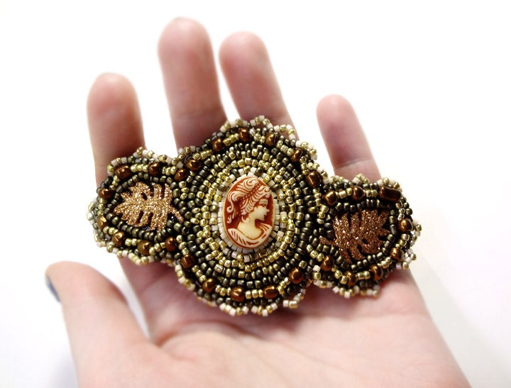 Autumn Leaves Cameo Brown and Gold Beaded Barrette Hair Accessory Clip - MegansBeadedDesigns