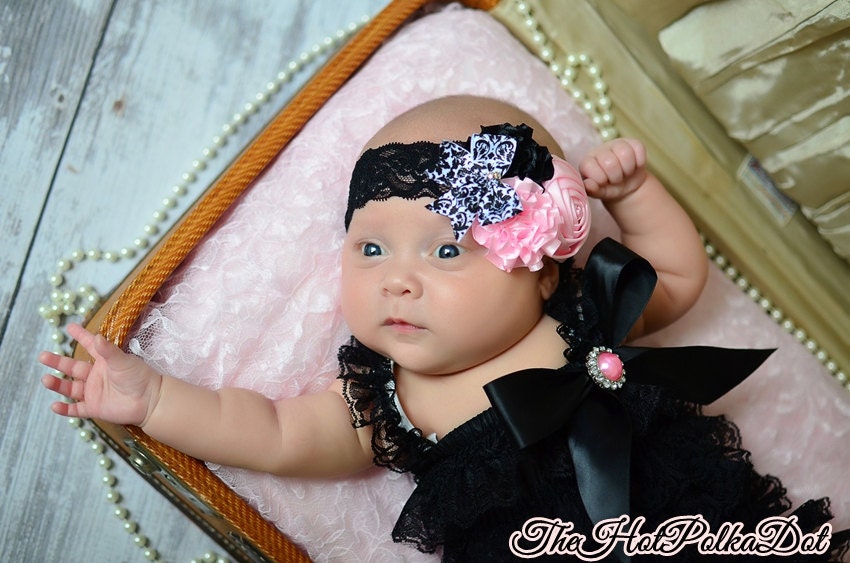 2 Piece Luxurious Pink, Black, and Damask Glam Headband and Lace Pettiromper Set / Black Lace Headband Perfect Newborn Photo Prop