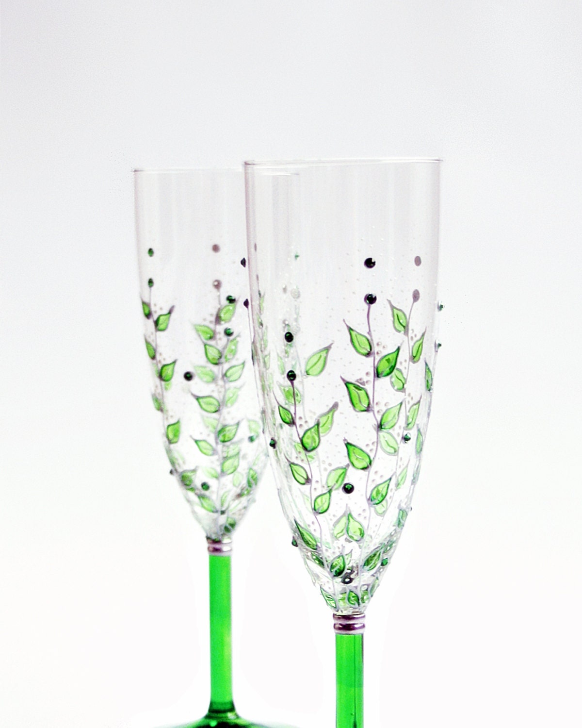 Wedding Glasses Hand Painted Green Leaves Fern Green Swarovski Crystals Silver Set of 2