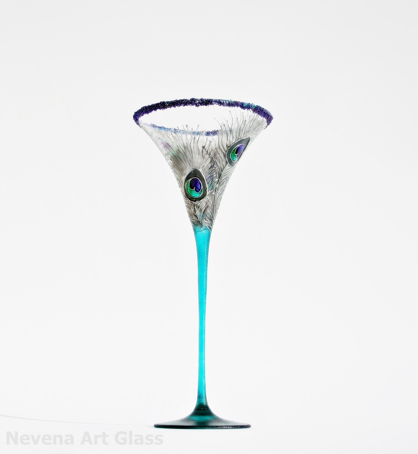 Hand painted Decorative Martini Glass Center Piece Candle Holder  Peacock Design Teal Silver Green Purple Turquoise