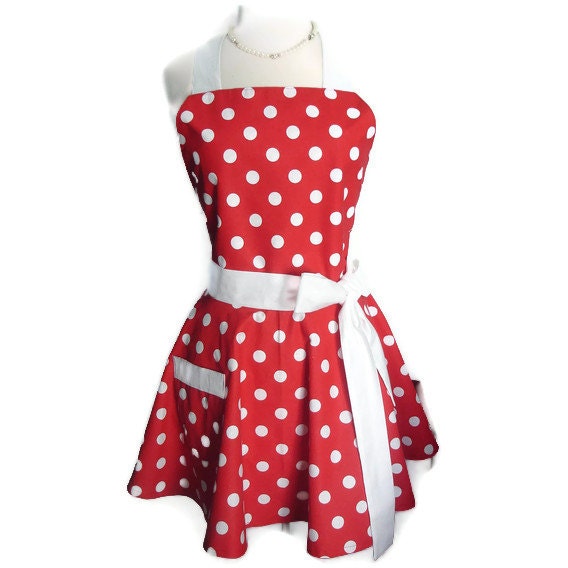 Cute and Flirty Women's Classic Full Hostess Apron - Red with White Dots with White Ties