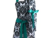 Mommy and Me Matching Apron Set  - Cute Mother Daughter Damask aprons with Teal Green Ties for women and children