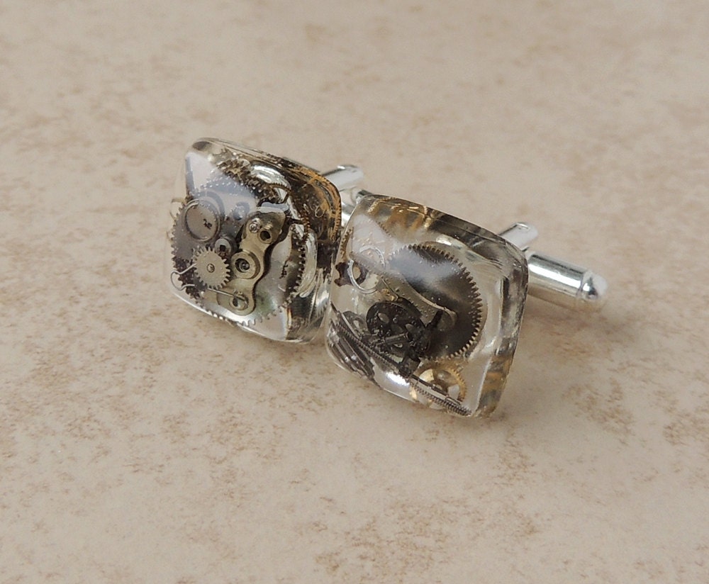 Steampunk Cufflinks, Watch Parts in Square Resin Cabochons, Resin Jewelry