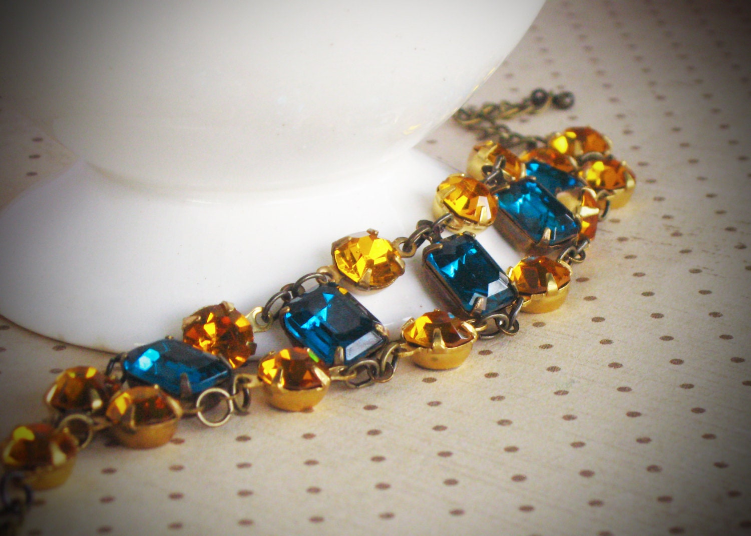 Rhinestone Bracelet, Honey Gold, Topaz, Teal Green, Drew Barrymore