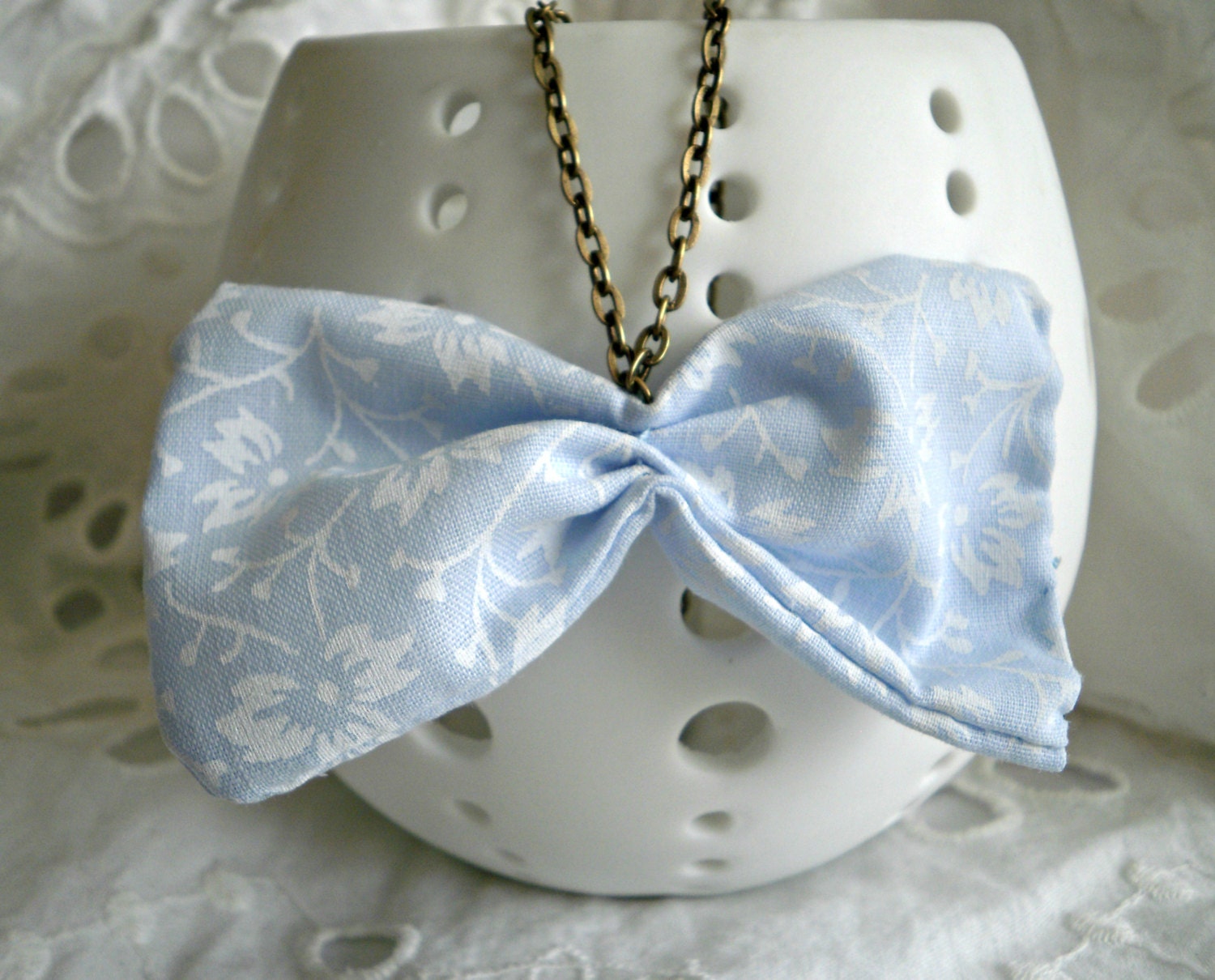 Blue bow Bow necklace Bow tie necklace - floral blue fabric bow pendant with chain Graduation gift
