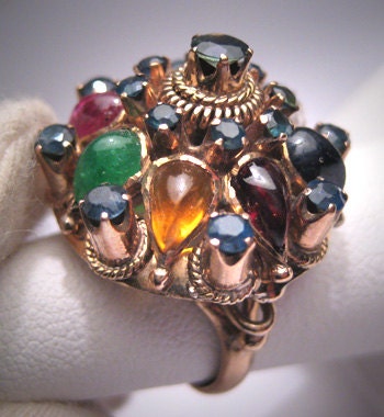 Antique Moghul Ring Gemstone Ruby Emerald, Sapphire