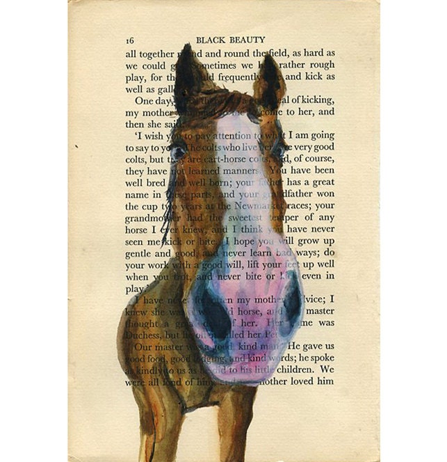 Nosey Horse II - Original Watercolor Painting - on Antique Book page 5x7inch