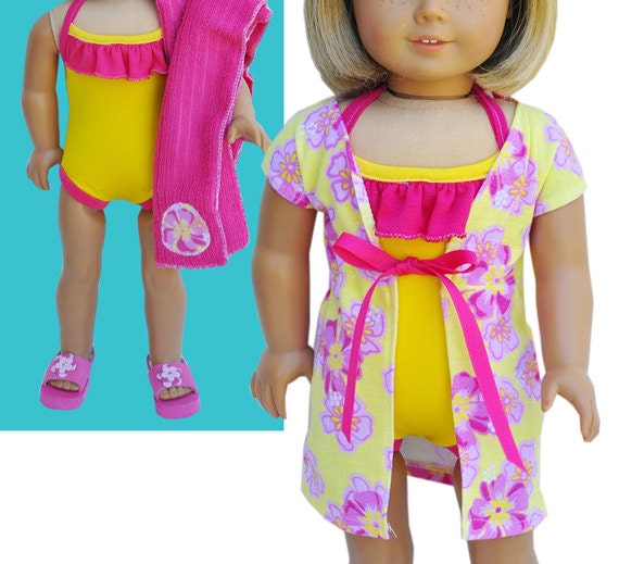 American Girl Swimsuit Set - One-Piece Bright Yellow with Pink Ruffles Coverup & Towel