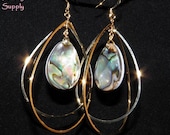 Genuine ABALONE SHELL And Real Mother Of Pearl Shell Teardrop Dangles In Double Twisting Teardrop Gold Hoops Handmade Earrings Jewelry