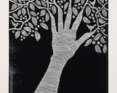 linocut, create, black and white tree with birds, everything artists do come from their hands