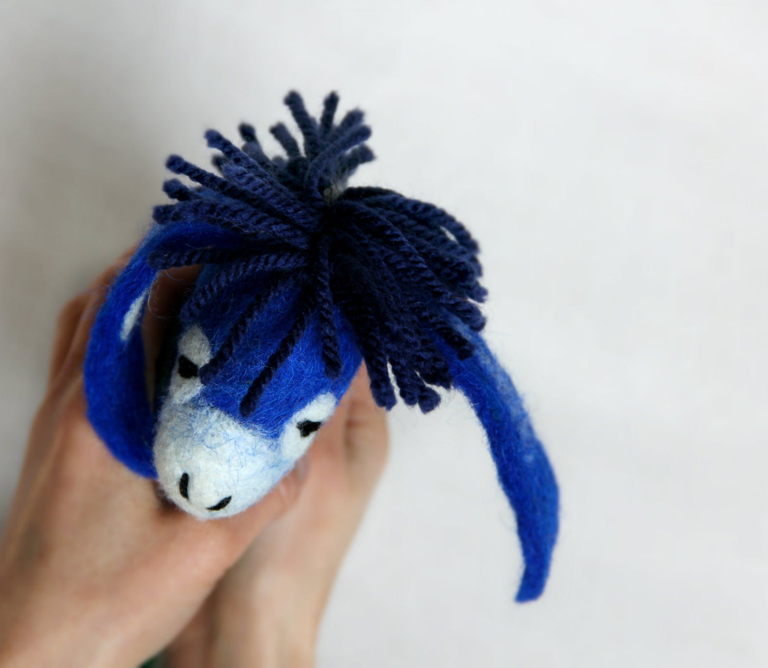 Jacob - Felt Donkey. Art Toy. Felted Stuffed Marionette Puppet Handmade Toys. blue electric green aquamarine sea. MADE TO ORDER