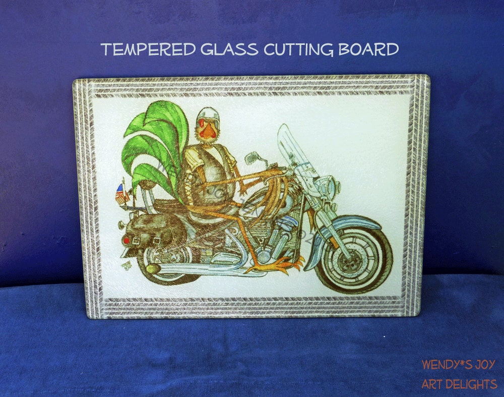 Glass Cutting Board Trivet Motorcycle Rider Tire Treads Black and White Whimsical Kitchen Decor small 8x11 inches