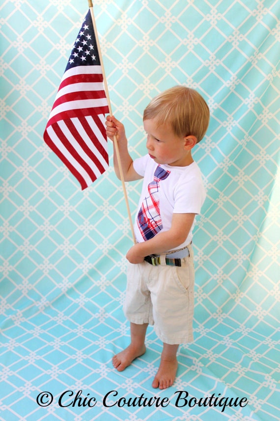 Baby Boy Vintage Red, White and Blue Plaid Personalized Tie Onesie or T-Shirt.  Any Name or Monogram Personalized. Memorial Day, Summer, 4th