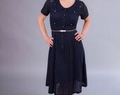1940s dress . 40s navy blue eyelet dress with rhinestones . vintage summer fashion