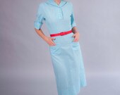 1940s dress . 40s turquoise and white gingham day dress . vintage summer fashion