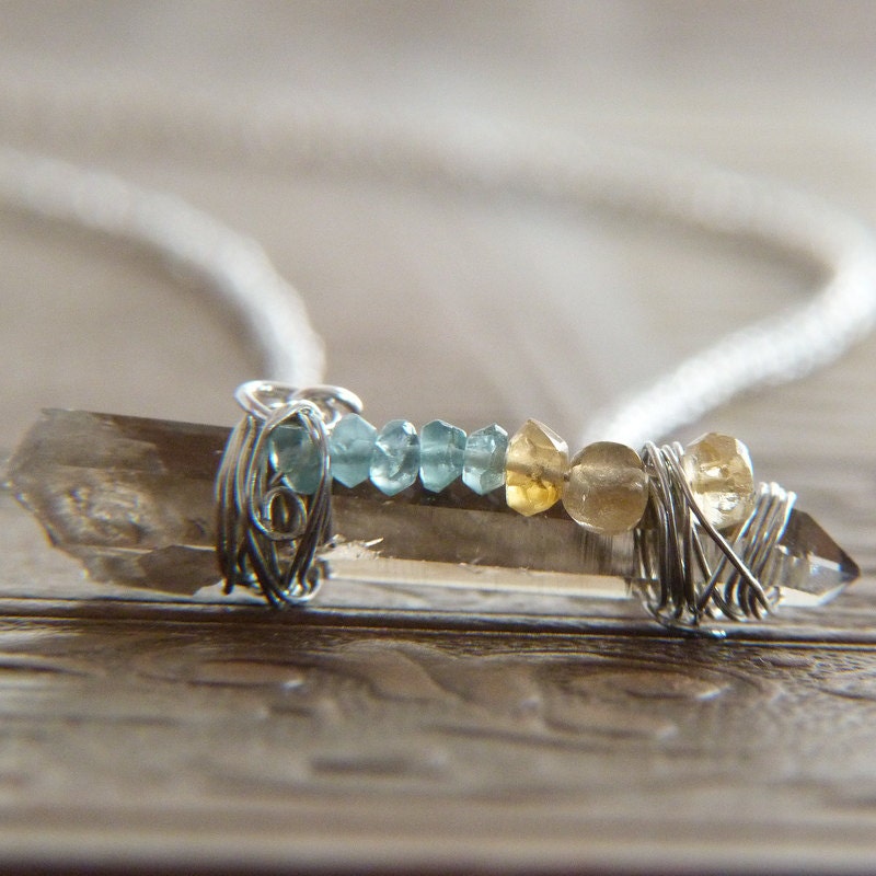 Smoky Quartz Point Wire Wrapped Pendant Necklace - Rustic Necklace - Wire Wrap Jewelry - Quartz Citrine Necklace