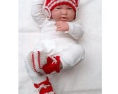 Knitted red baby sneaker booties and headphone hat - organic cotton 3-6M