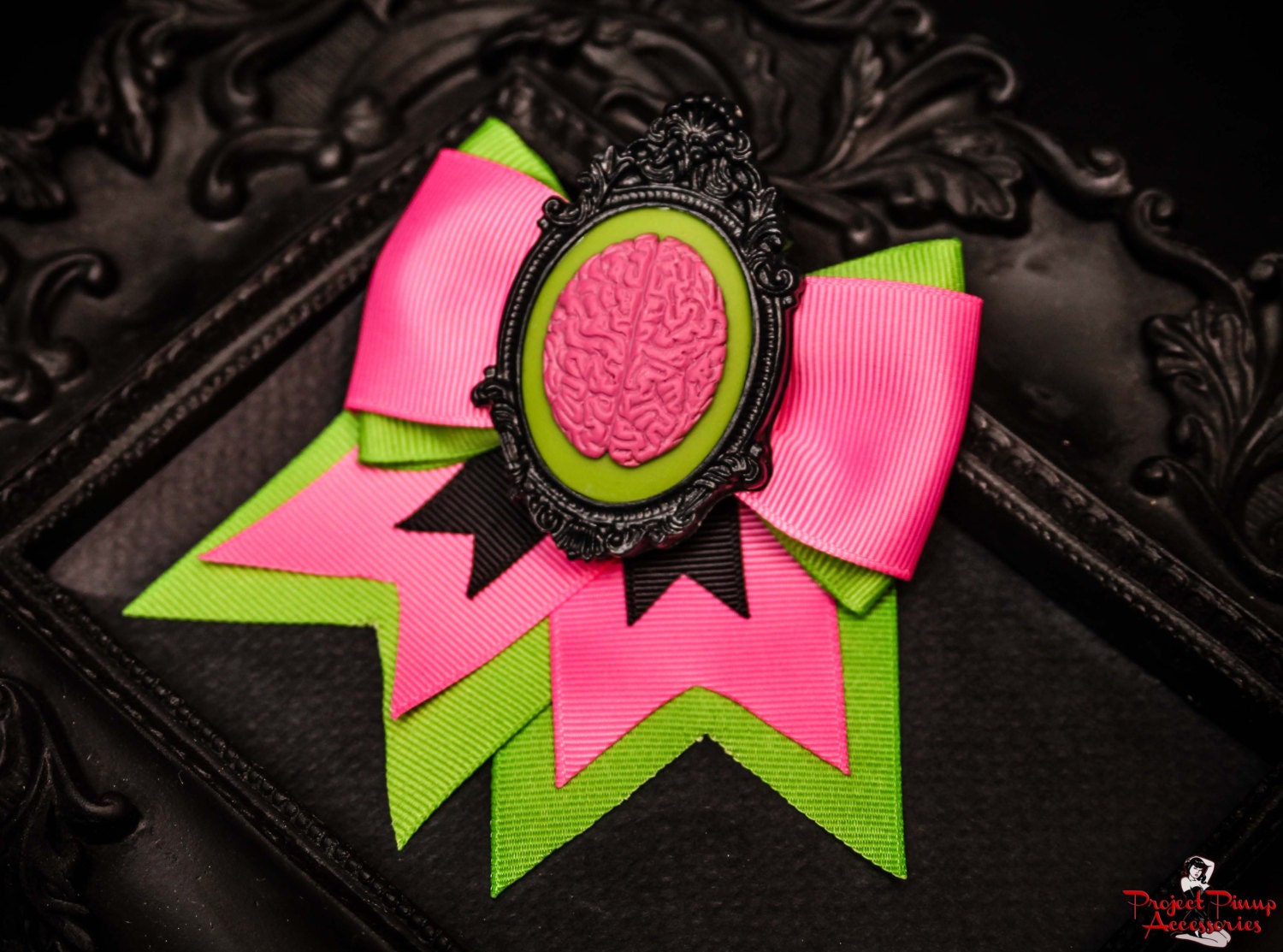 Pink & Lime Green Brains Cameo Traditional Hair Bow Clip