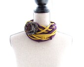 Upcycled Purple & Mustard Cotton Infinity Scarf/Necklace with Floral Brooch