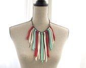 Fabric Fringe Multistrand Bib Necklace in Seafoam Green, Coral Pink & Cream on Gunmetal Chain