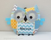 Personalized Medium Patchwork Owl Tooth Fairy Pillow Plush Stuffed Toy - great for baby boy or toddler - Yellow, Blue, Gray