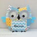 Personalized Medium Patchwork Owl Tooth Fairy Pillow Plush Stuffed Toy - great for baby boy or toddler - Yellow, Blue, Gray