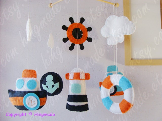 Baby Mobile - Baby Crib Mobile - Nursery Decor - Hanging Nautical Mobile - Mariner Ocean Blue Orange White theme (Custom colors available)