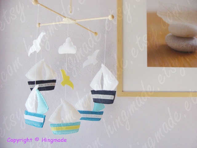 Baby Mobile - Nursery Decor - Baby Shower Gift - Hanging Sailboats Mobile - Aqua Teal Turquoise Sailboats Themed(Custom color available)