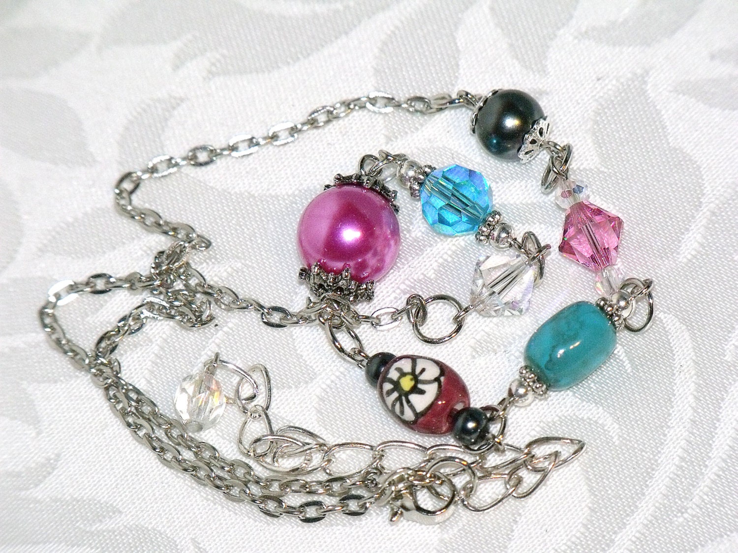 Hot Pink, Turquoise and Silver Bead and Chain Necklace - fun summer bright colorful mom mothers day