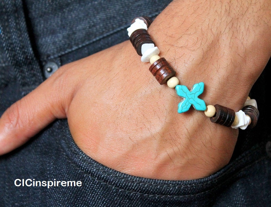 Men's  Shell, Wood, and Turquoise Cross Bracelet: Christian Spiritual