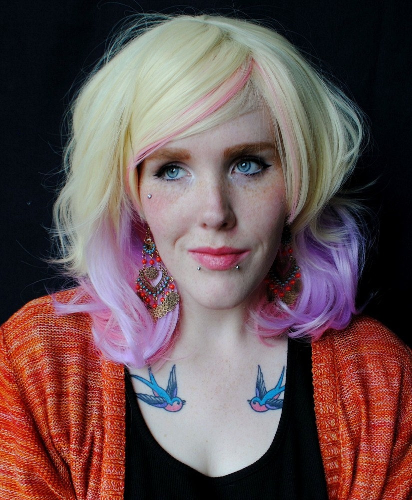 Sale . FAIRY REALM wig // Pastel Pink Purple Blonde Hair // Medium Wavy wig