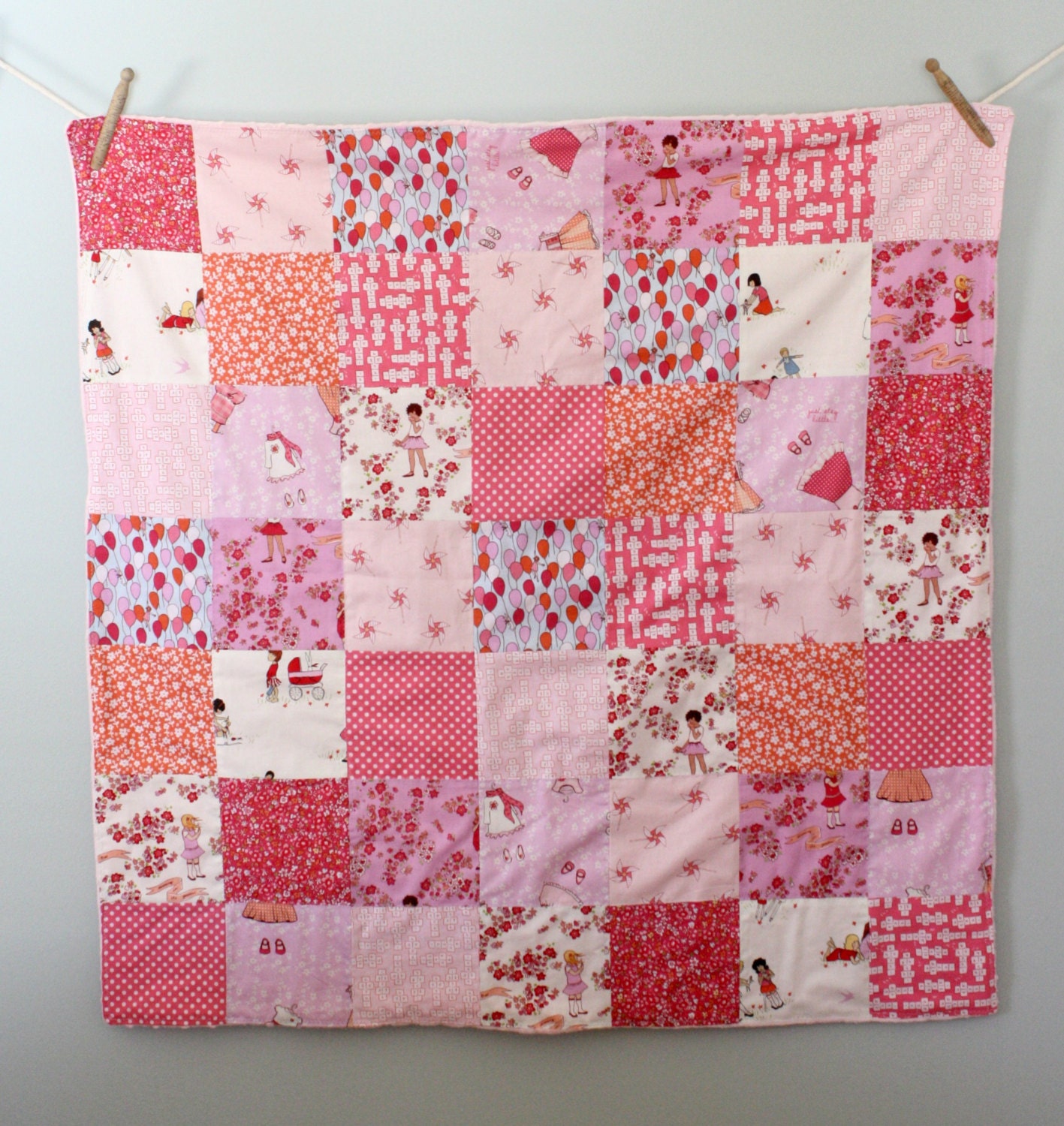 Baby Quilt, Patchwork Blanket, Sarah Jane, Children at Play and Light Pink Minky Bubble Dot