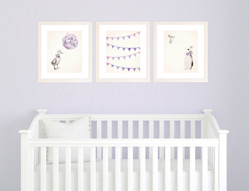 Purple Nursery Art Prints, Baby Girl Nursery Decor Set of 3 8x10 Prints, Purple Nursery Decor, Watercolor Illustrations and Bunting