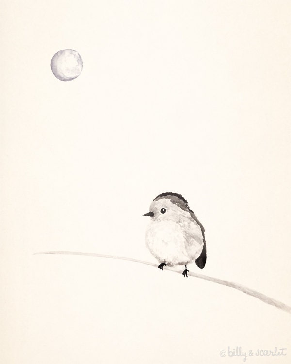 Bird in the Moonlight 8x10 Print for the Home - Neutral, Black, Brown and Grey Colours - Watercolour and Ink illustration