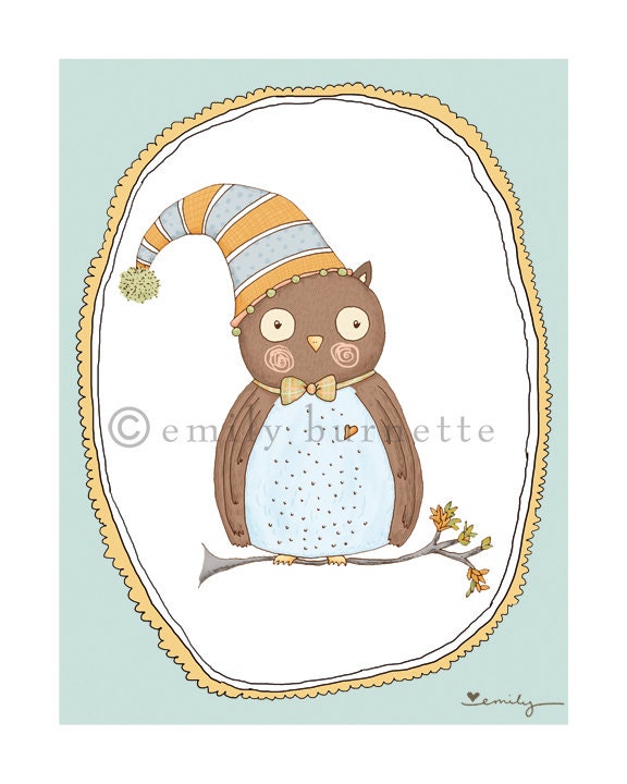 8x10 - Percival the Owl with Hat - Nature - Blue Turquoise Aqua - Boy Girl Nursery Wall Art Print - Emily Burnette - Recipe 4 Cute