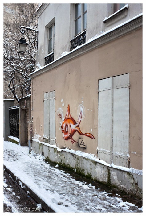 Paris street art - Goldfish, Snow, streets of Montmartre, Winter, urban landscape 8x12 Original Fine Art Photograph